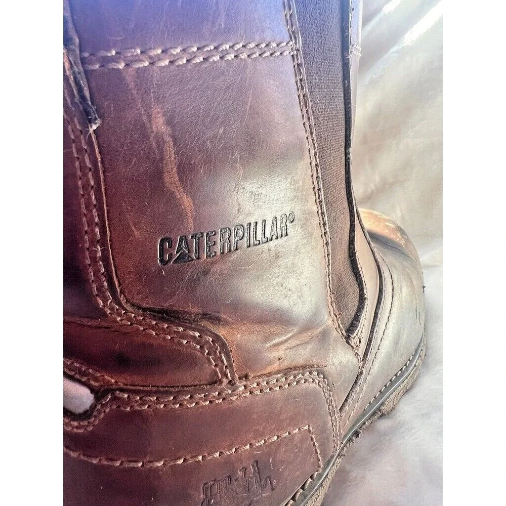 Caterpillar Pelton‎ Leather Brown Safety Boots Men's 12 CAT Work Gusset Pull On
